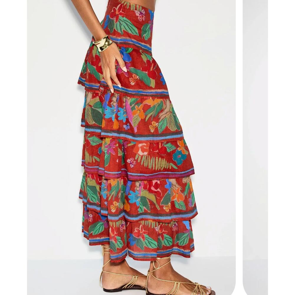 Marie Oliver Red Floral Tiered Ruffle Maxi Skirt SIZE 2 Boho Vacation Full $425 - Picture 3 of 13